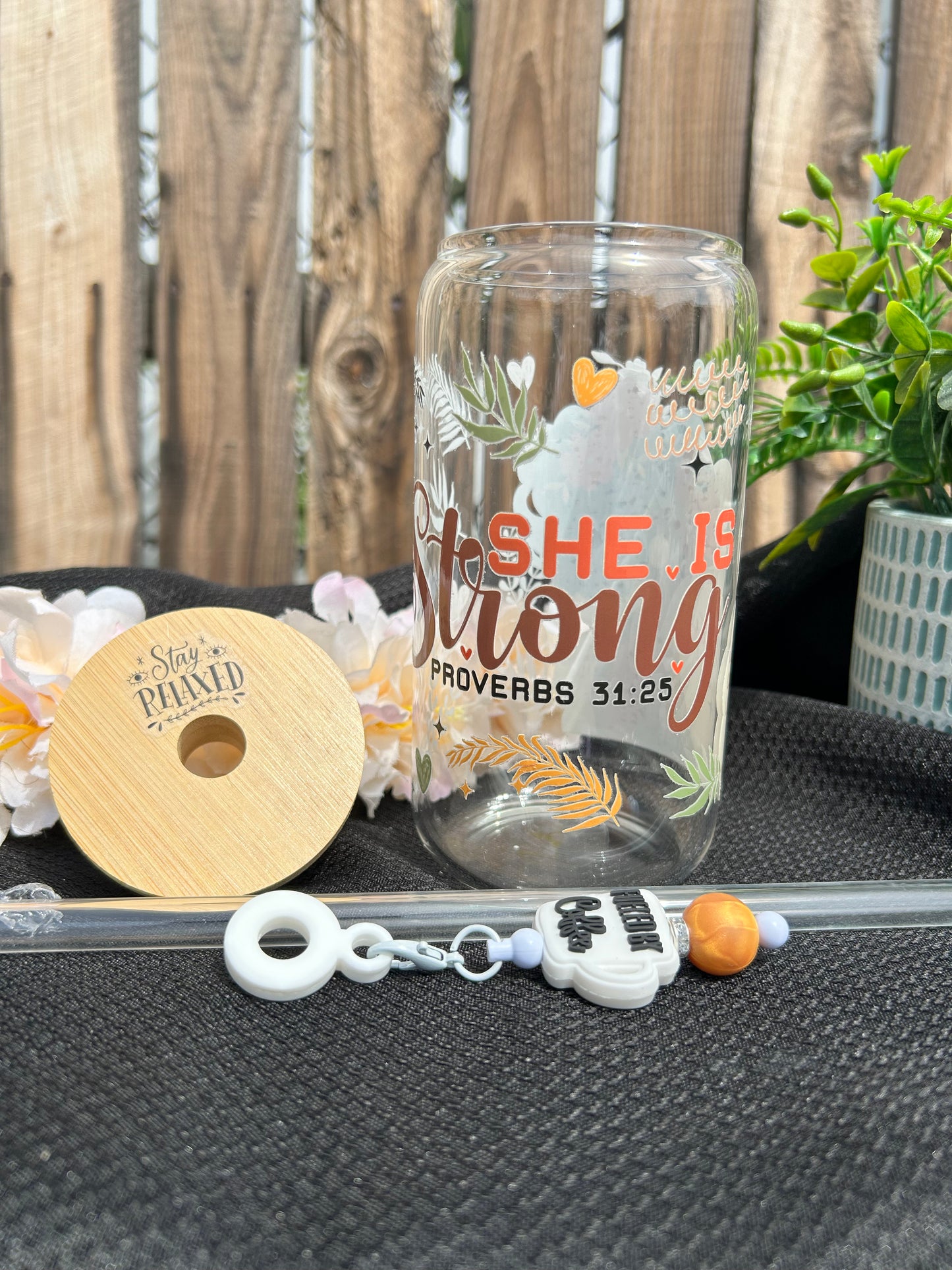 She Is Strong – Proverbs 31:25 Inspirational 16 oz Glass Can Cup