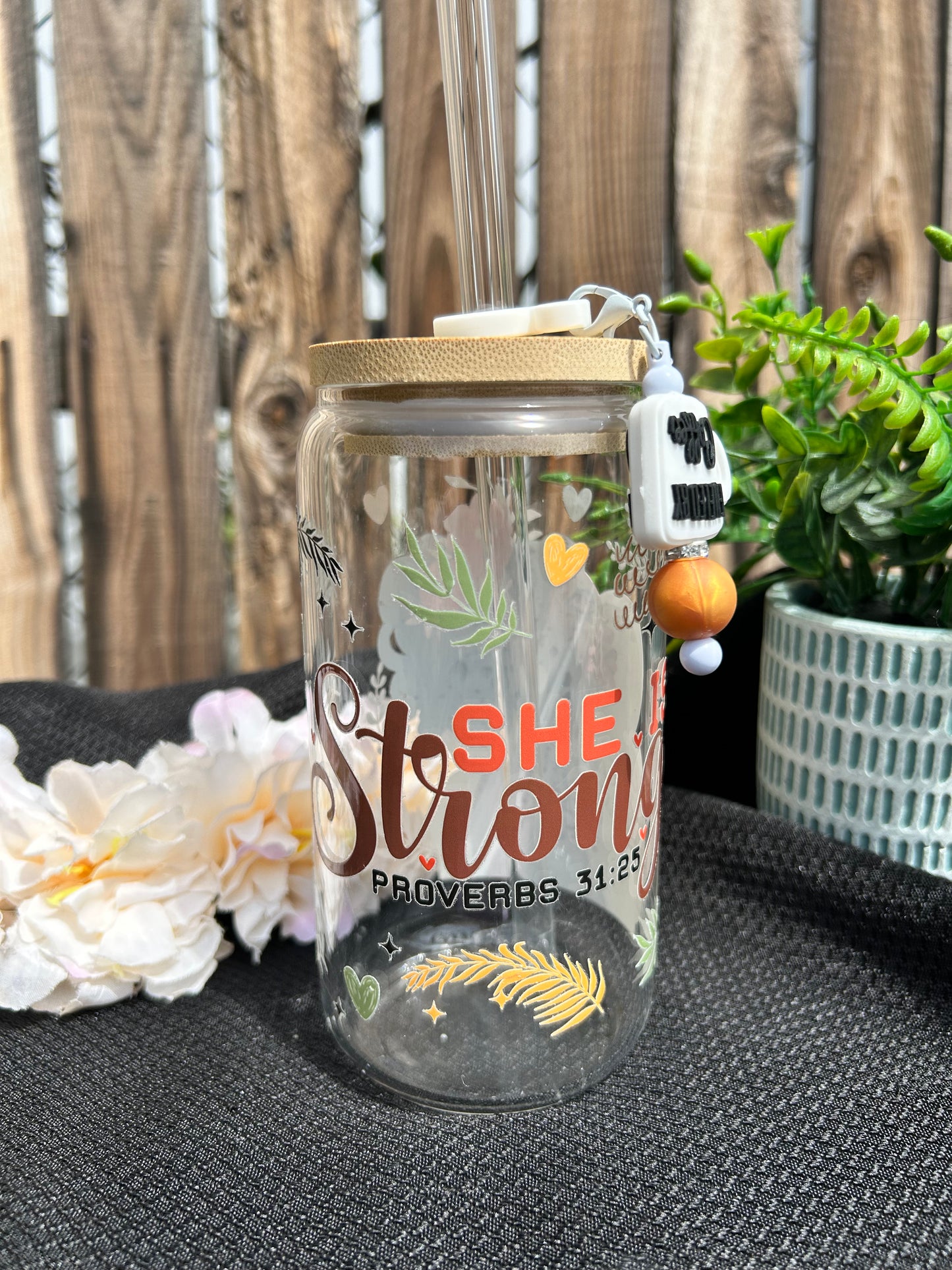 She Is Strong – Proverbs 31:25 Inspirational 16 oz Glass Can Cup