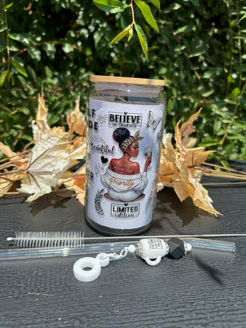 She Rises. She Shines. She Reigns. 16 oz Glass Can Cup