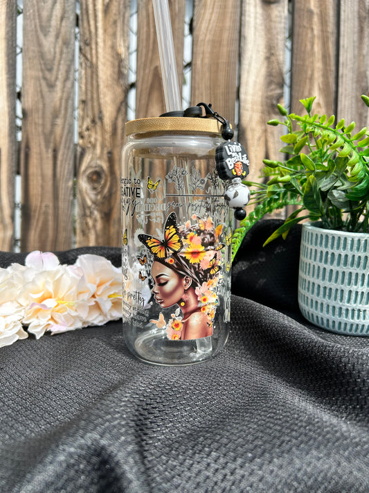 Grow Through It – Inspirational Butterfly 16 oz Glass Can Cup