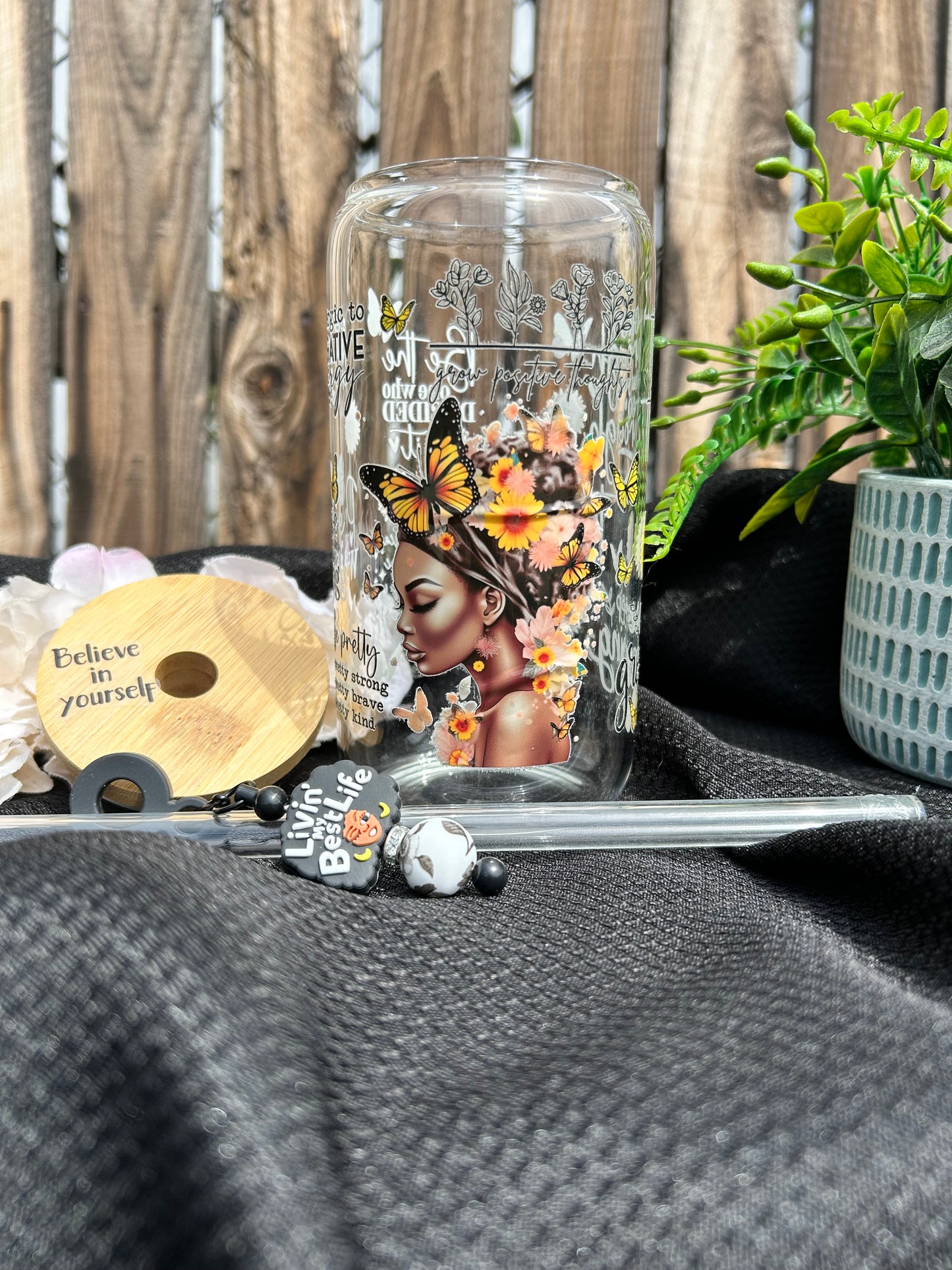 Grow Through It – Inspirational Butterfly 16 oz Glass Can Cup
