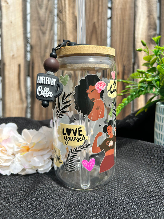 Love Yourself – Black Girl Magic Inspirational 16 oz Glass Can Cup